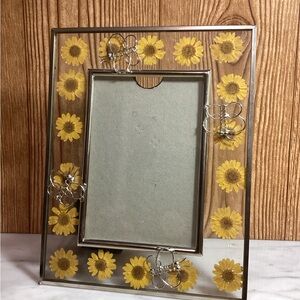 Pressed Sunflower in Glass Photo Frame with Silver Accents of Butterflies